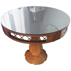 Pretty Rustic Carved Wood French Round Side Table with Mirrored Top