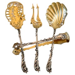 Soufflot French All Sterling Silver 18-Karat Gold Dessert Set of Four Pieces