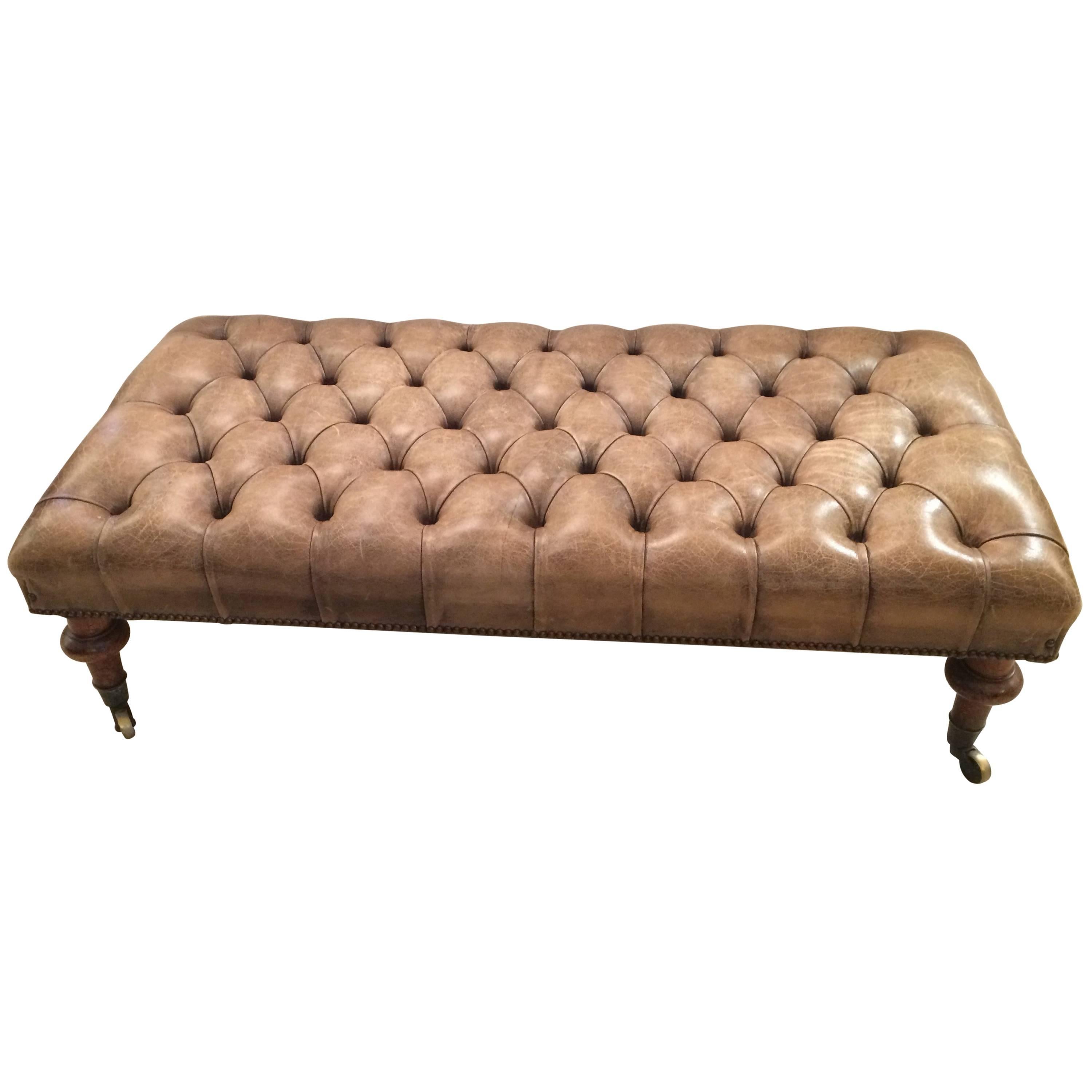 Luscious Antique Distressed Tufted Leather Chesterfield Ottoman Bench