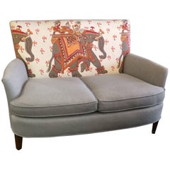 Sublime Antique Loveseat with Custom Hermes and Gray Linen Upholstery