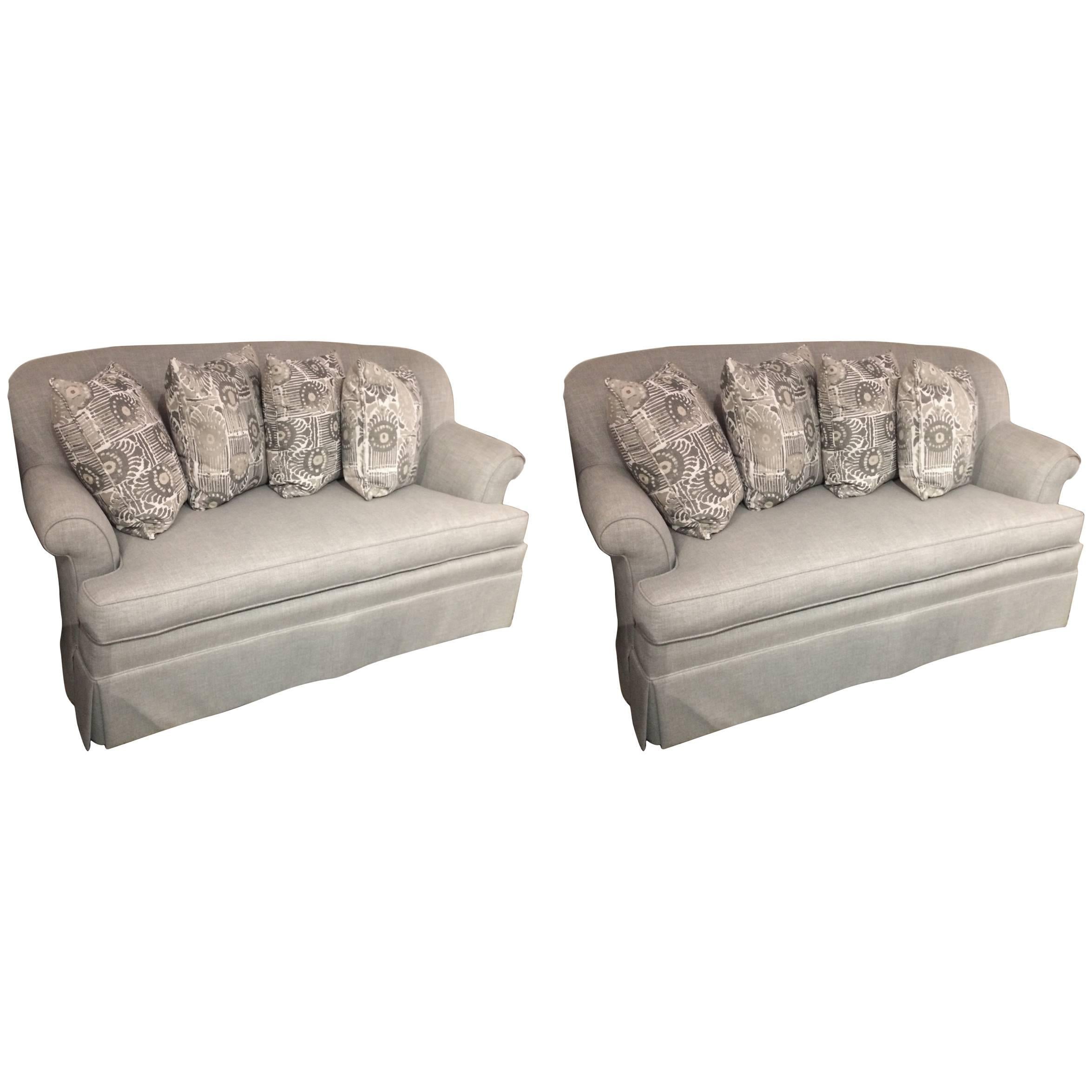 Great Looking Pair of Smart Platinum Gray Linen Sofa Loveseats