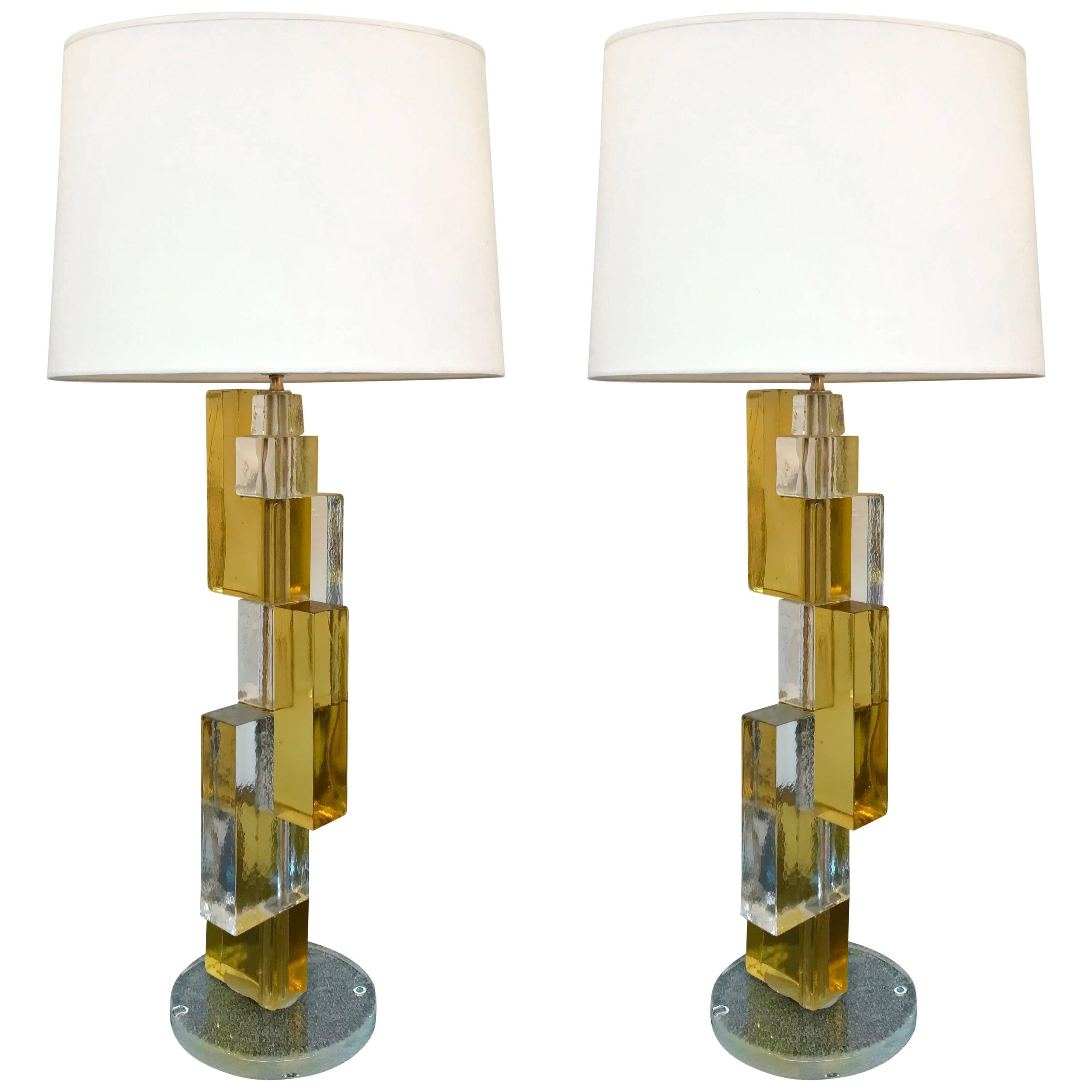 Pair of Contemporary Lamps Cubic Murano Glass