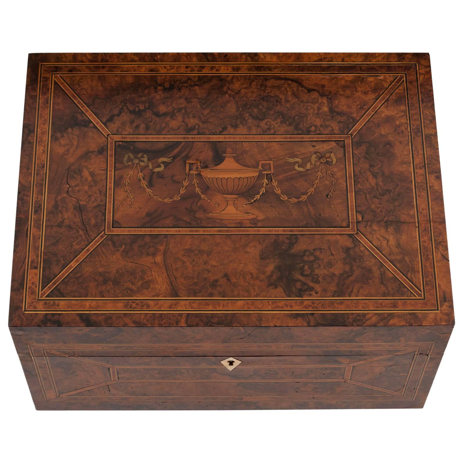 Antique Burr Walnut Inlaid Urn Jewelry Box, Early 20th Century