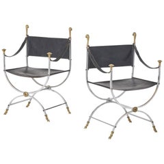 Pair of Polished Steel and Brass Jansen Curule Chairs
