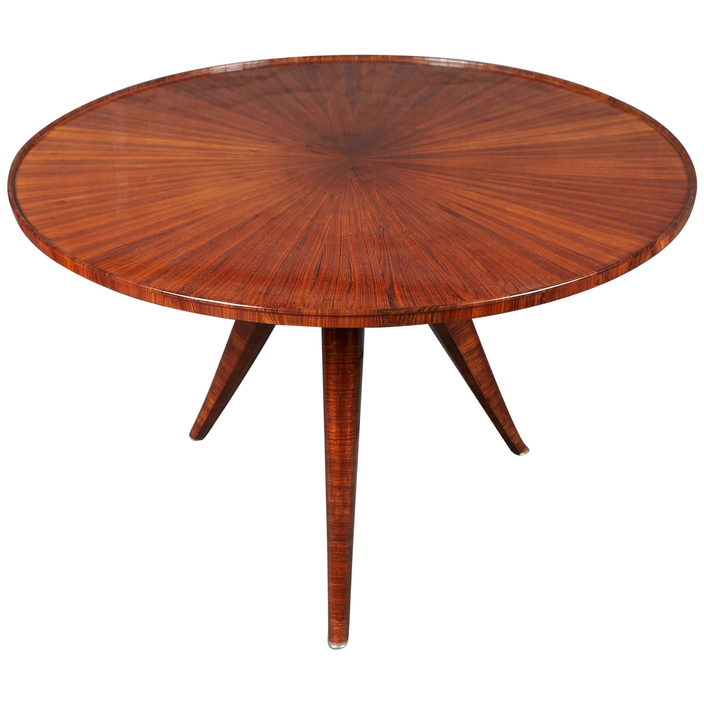 Stunning Art Deco circular side table with beautiful radial marquetry design, resting tripod base with silvered bronze hoofs by Etienne Kohlmann signed 