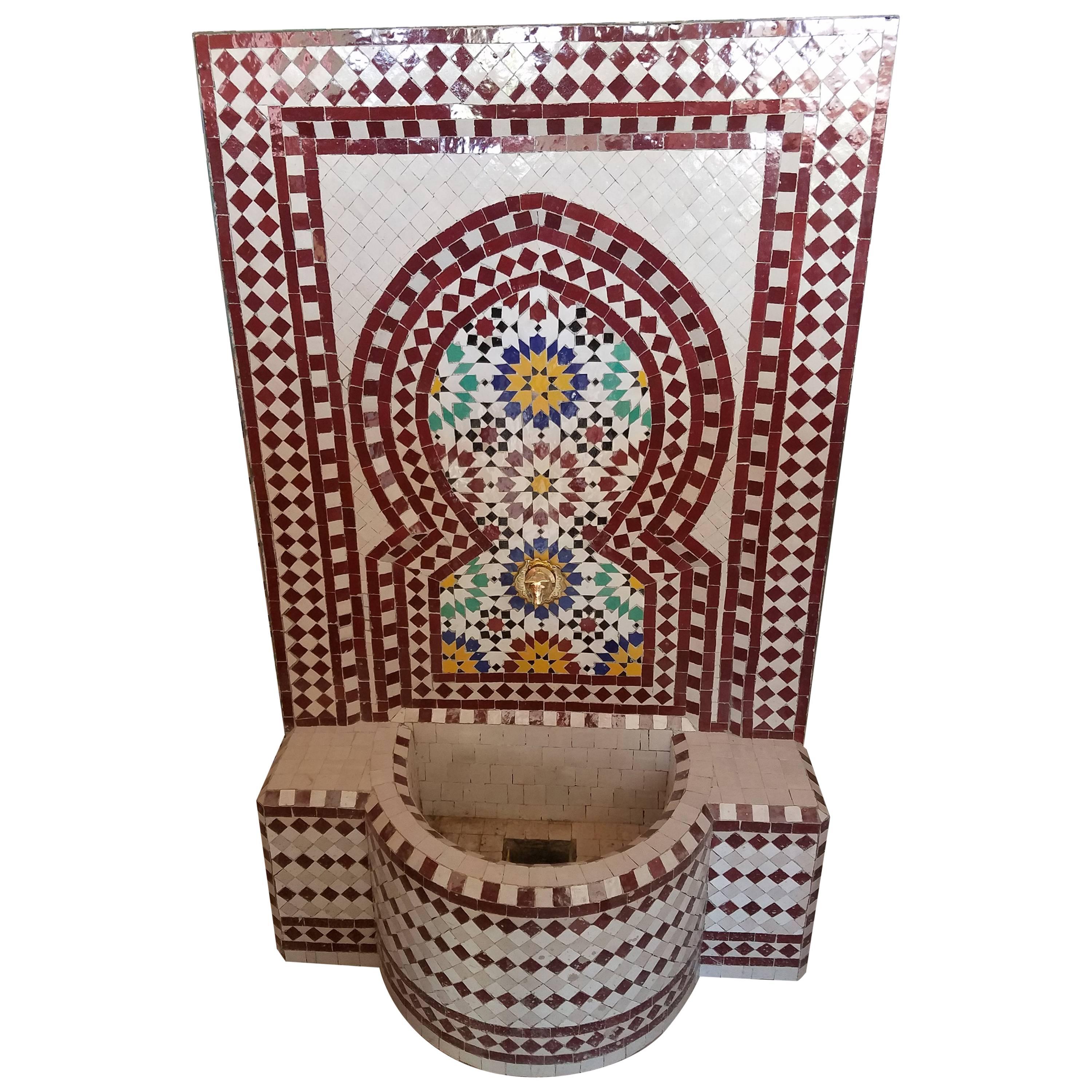 Brick Red/Multicolor Moroccan Mosaic Fountain, Garden or Indoors For Sale