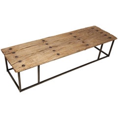 Narrow Bleached Antique Oak Wood Coffee Table on Iron Base