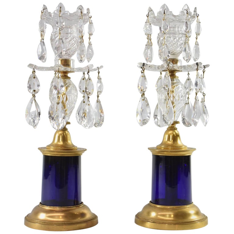 19th Century Pair of Crystal Brass and Cobalt Blue Candlesticks by