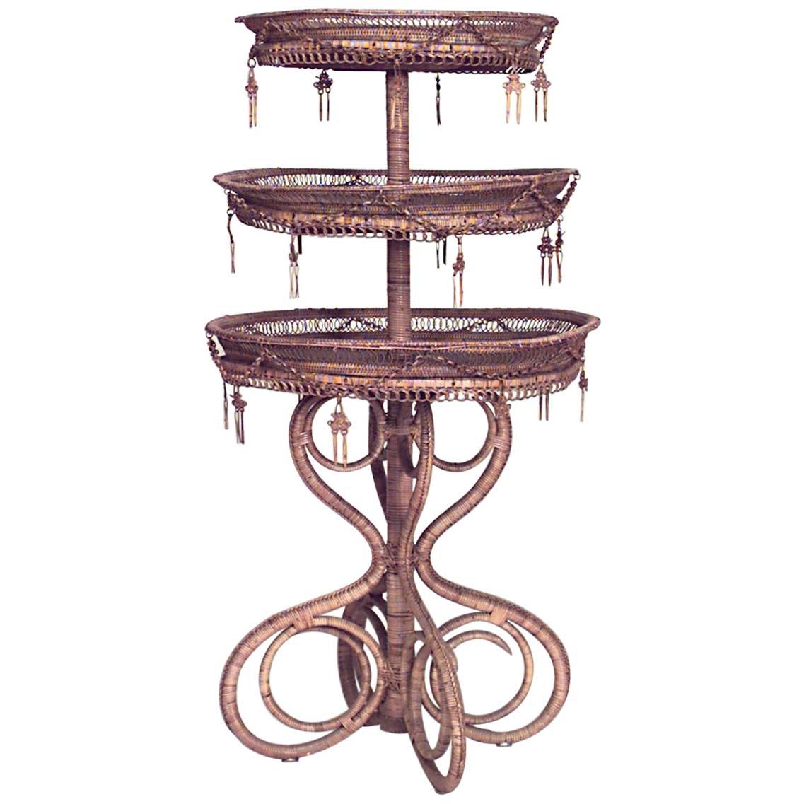 French Victorian Natural Wicker Three Tier Table For Sale