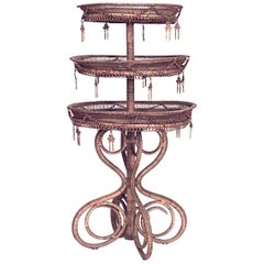 French Victorian Natural Wicker Three Tier Table