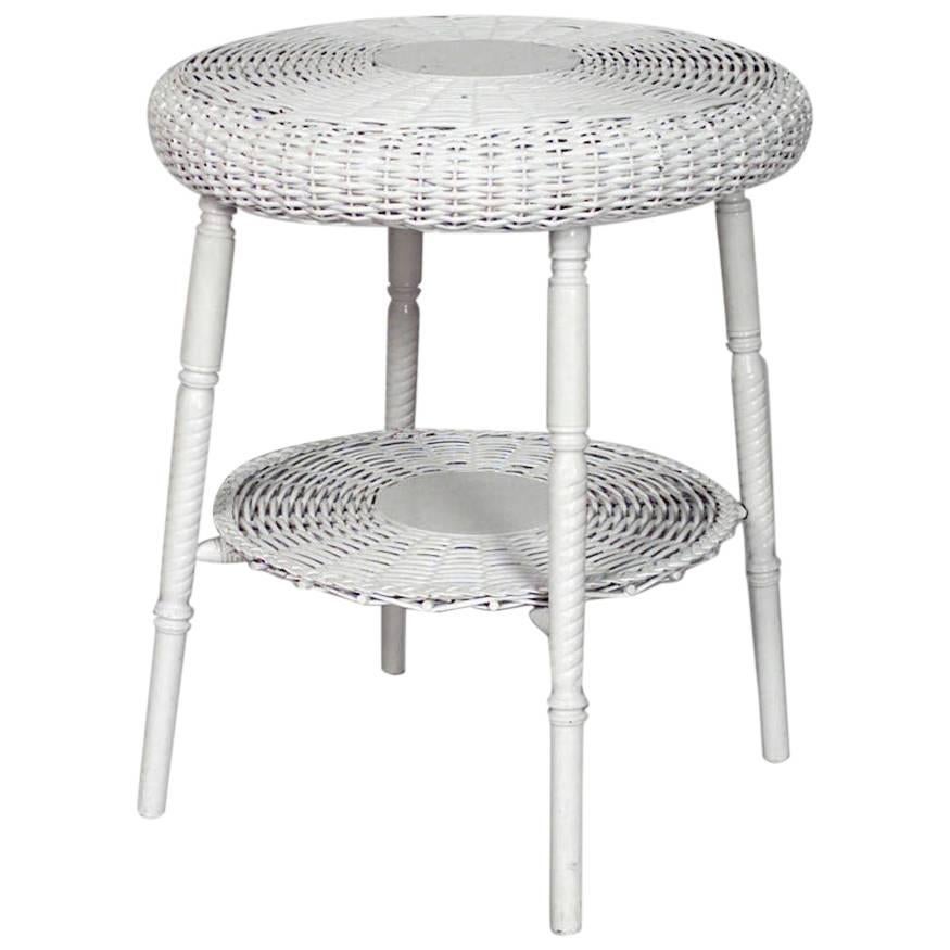 American Victorian White Painted Wicker Round End Table