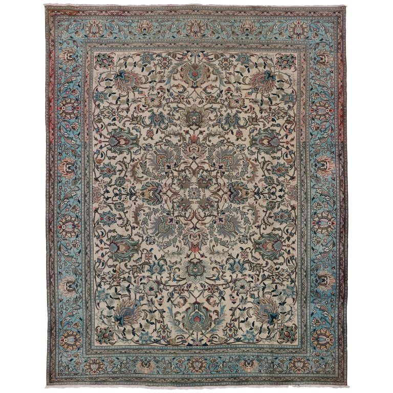 Vintage Light Blue Persian Tabriz Rug with Hampton's Chic Style at 1stDibs
