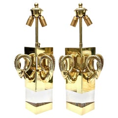 Pair of Lucite and Brass Ram's Head Hollywood Regency Style Wall Sconces Vintage