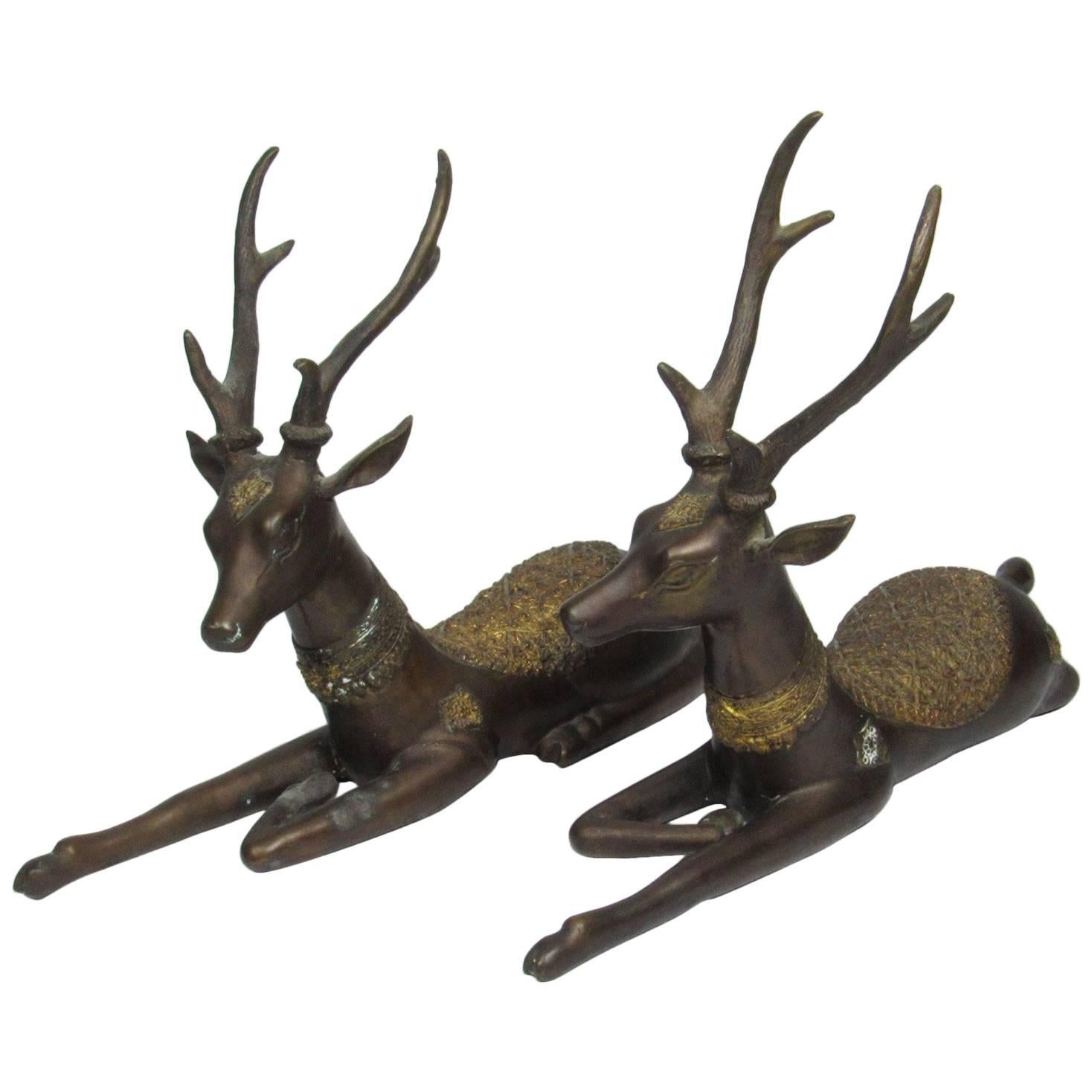 Pair of Antique Southeast Asian Bronze Reclining Deer For Sale
