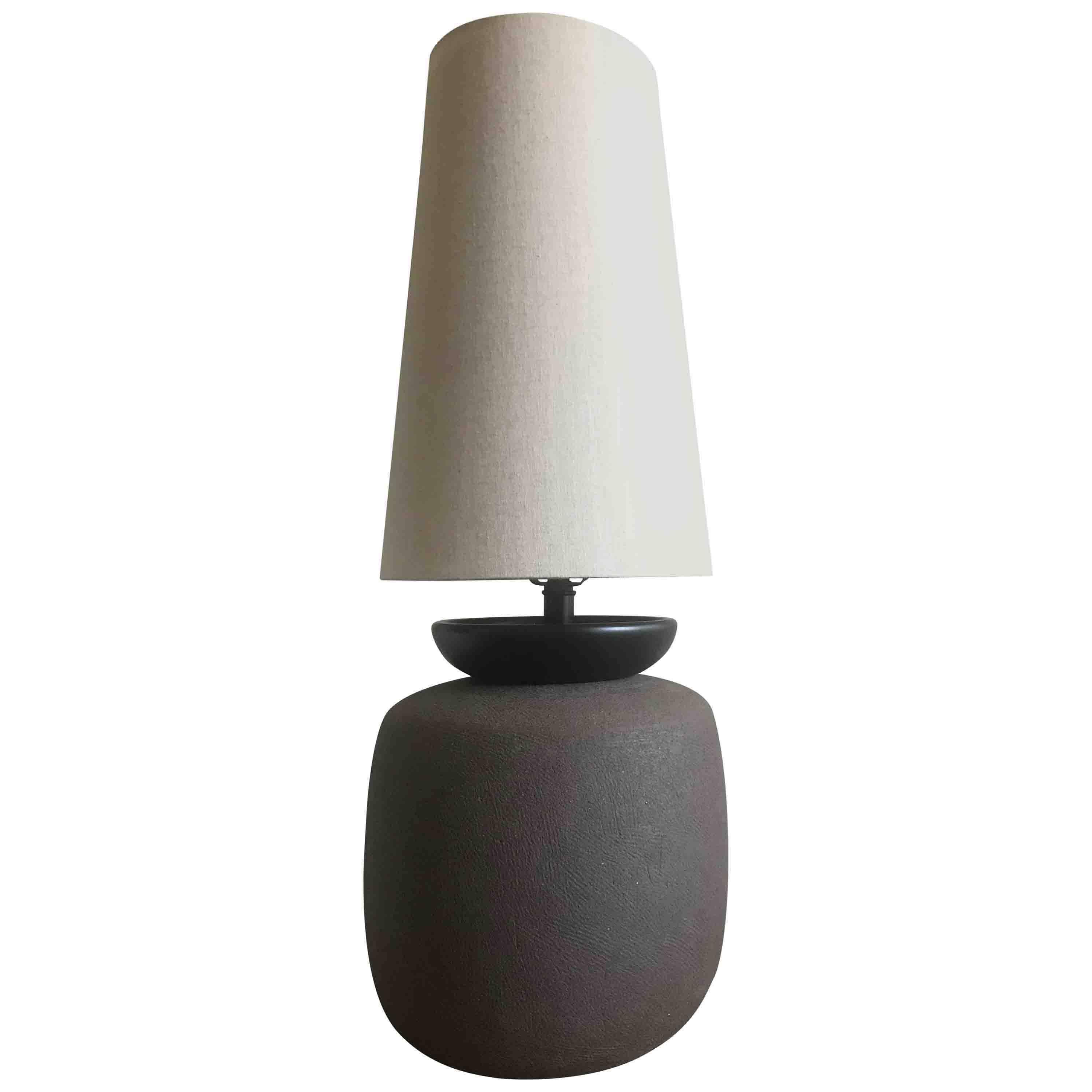 'Gnome' Lamp, Handcrafted Ceramic Base with Lacquered Detail and Linen Shade For Sale