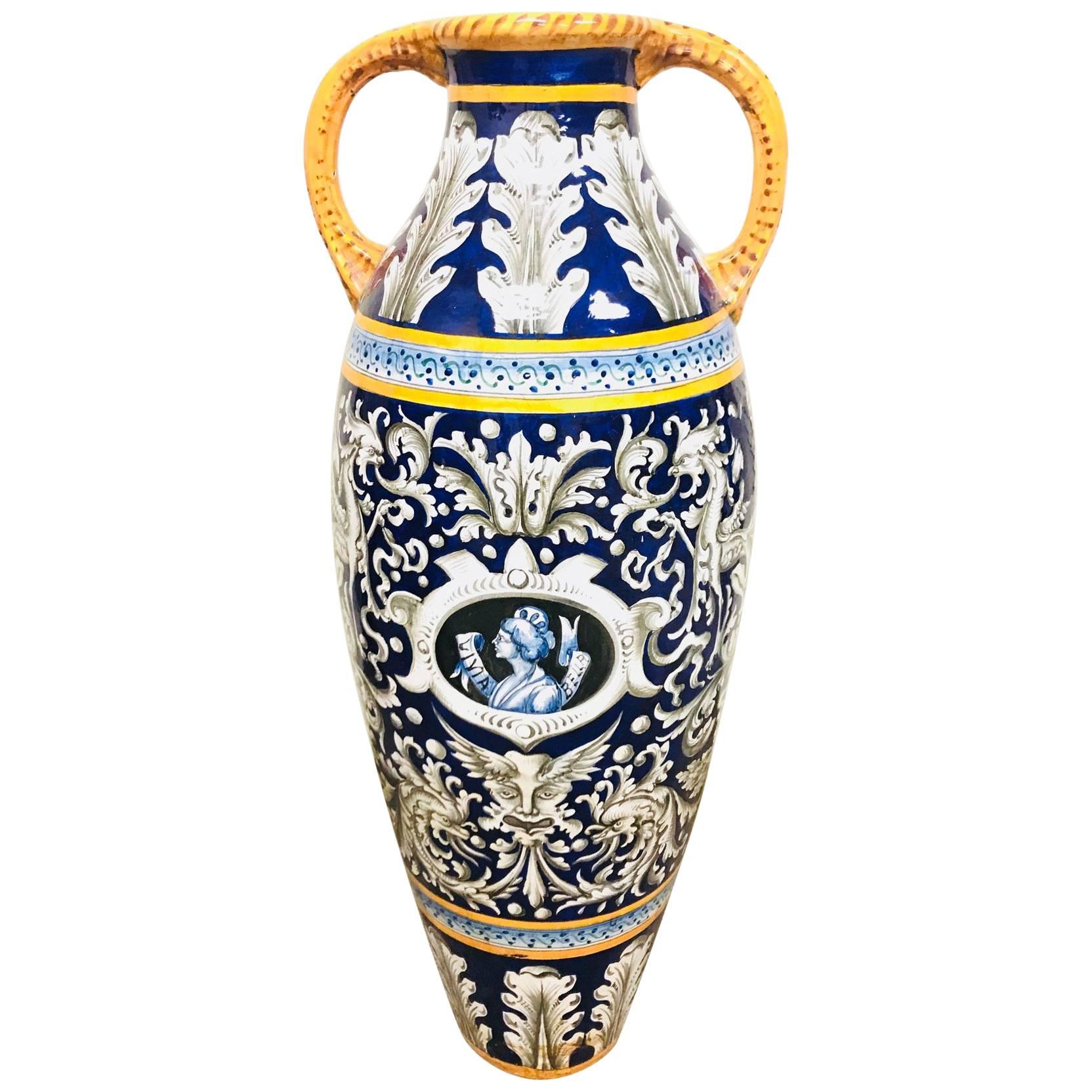 Antique Italian Faience Glazed Ceramic Vase, Palace Size