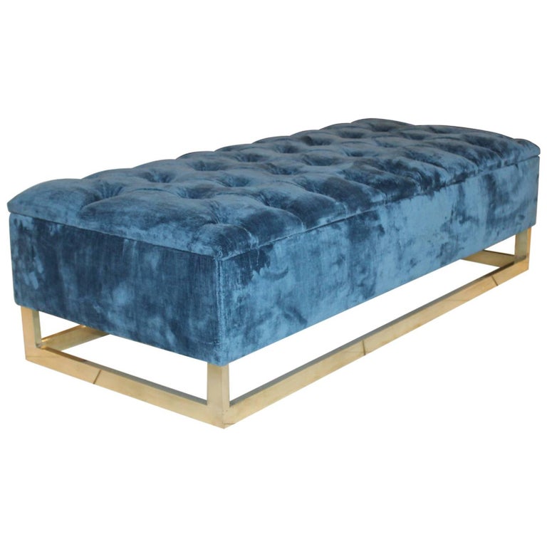 Blue Velvet Padded Bench For Sale At 1stdibs