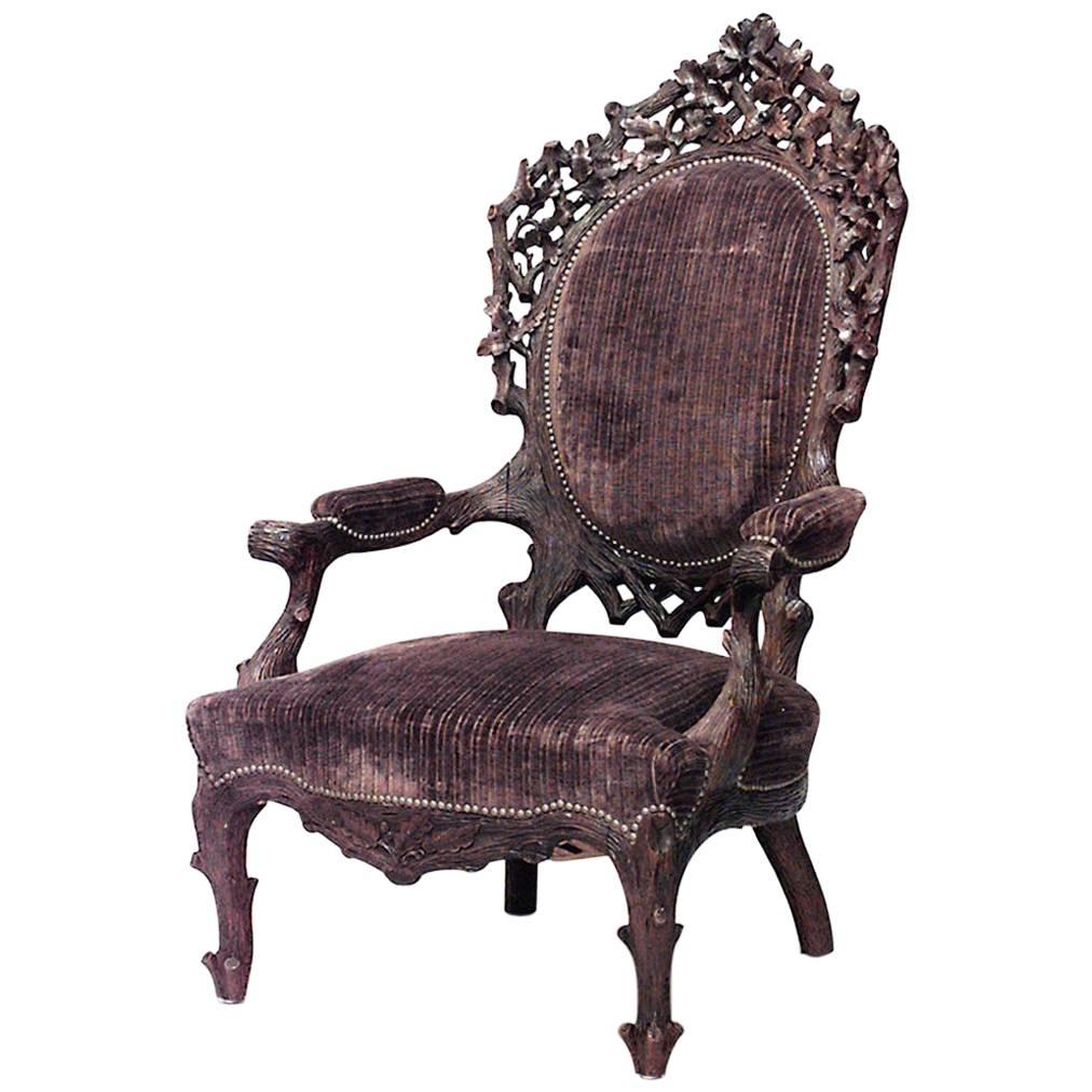 Rustic Black Forest Velvet Arm Chair For Sale