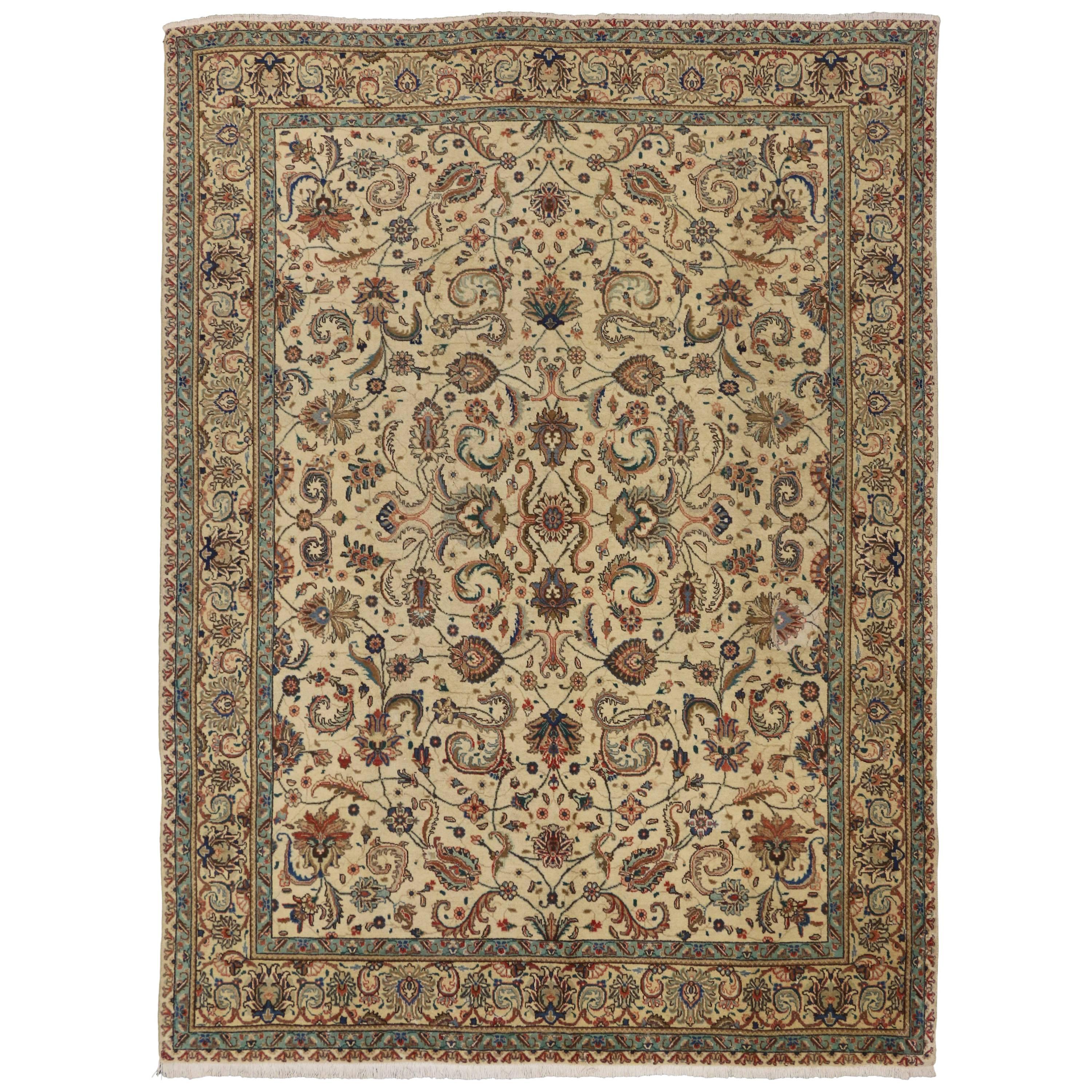 Vintage Persian Tabriz Area Rug with French Country Chippendale Farmhouse Style For Sale