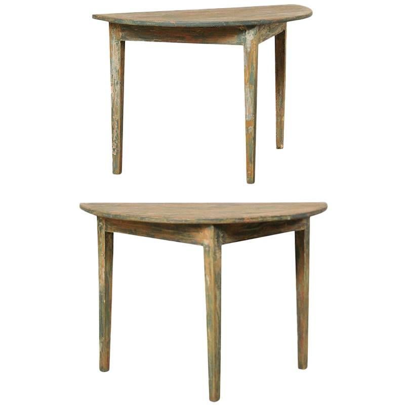 Pair of Painted Wood Swedish Demilune Tables with Traces of Original Paint