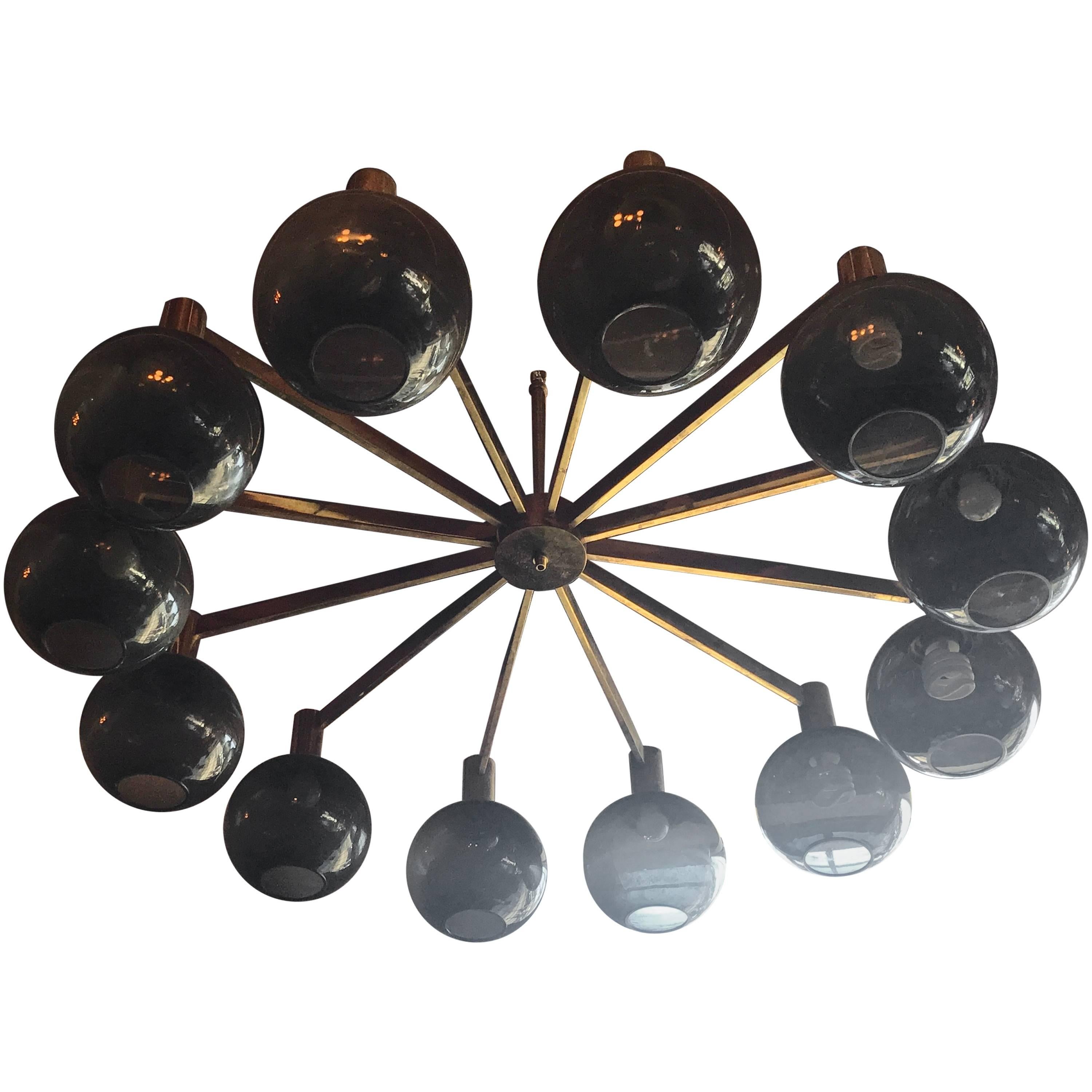 Large and Epic 12-Arm Brass Chandelier with Frosted Globes