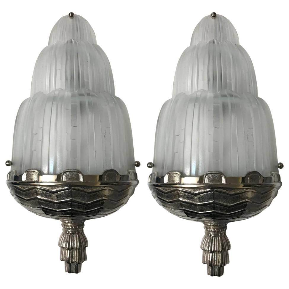 Pair of French Art Deco "Waterfall" Sconces Signed by Sabino For Sale