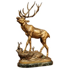 19th Century French Patinated Spelter Deer Sculpture on Marble Signed Lecourtier