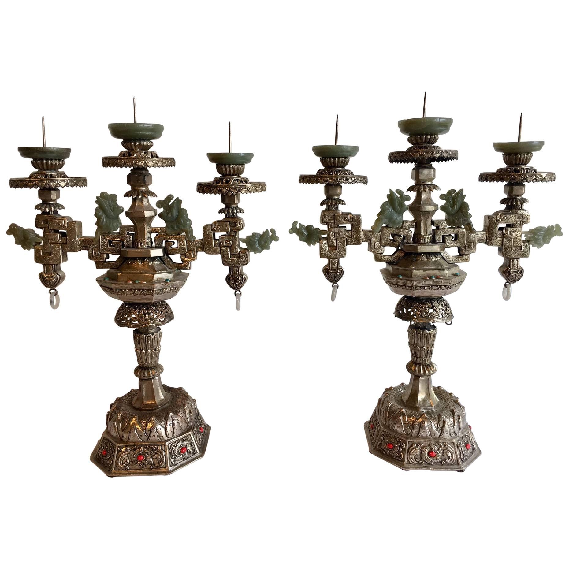 Mongolian Style Silver Candelabra with Bowenite Accents For Sale