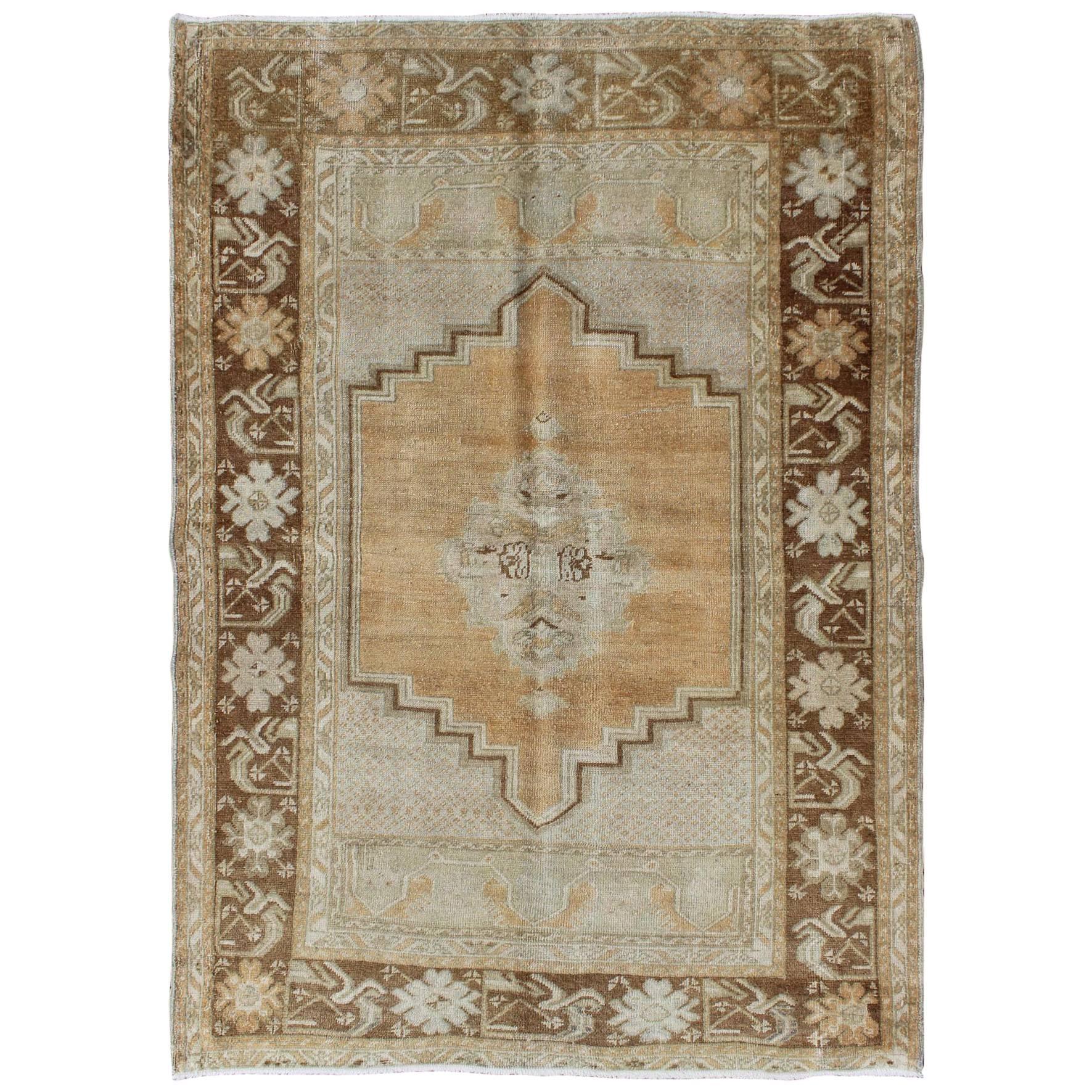 Vintage Oushak Rug in Brown, L. Orange, Camel, L. Green  & Taupe Gray  For Sale