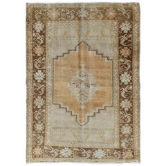 Vintage Oushak Rug in Brown, L. Orange, Camel, L. Green  & Taupe Gray