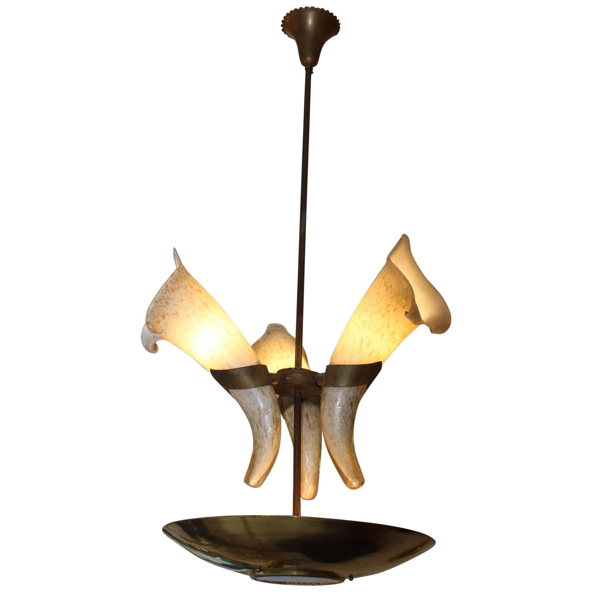 Italian Chandelier with Murano Glass Cornucopias by Barovier, circa 1960 For Sale