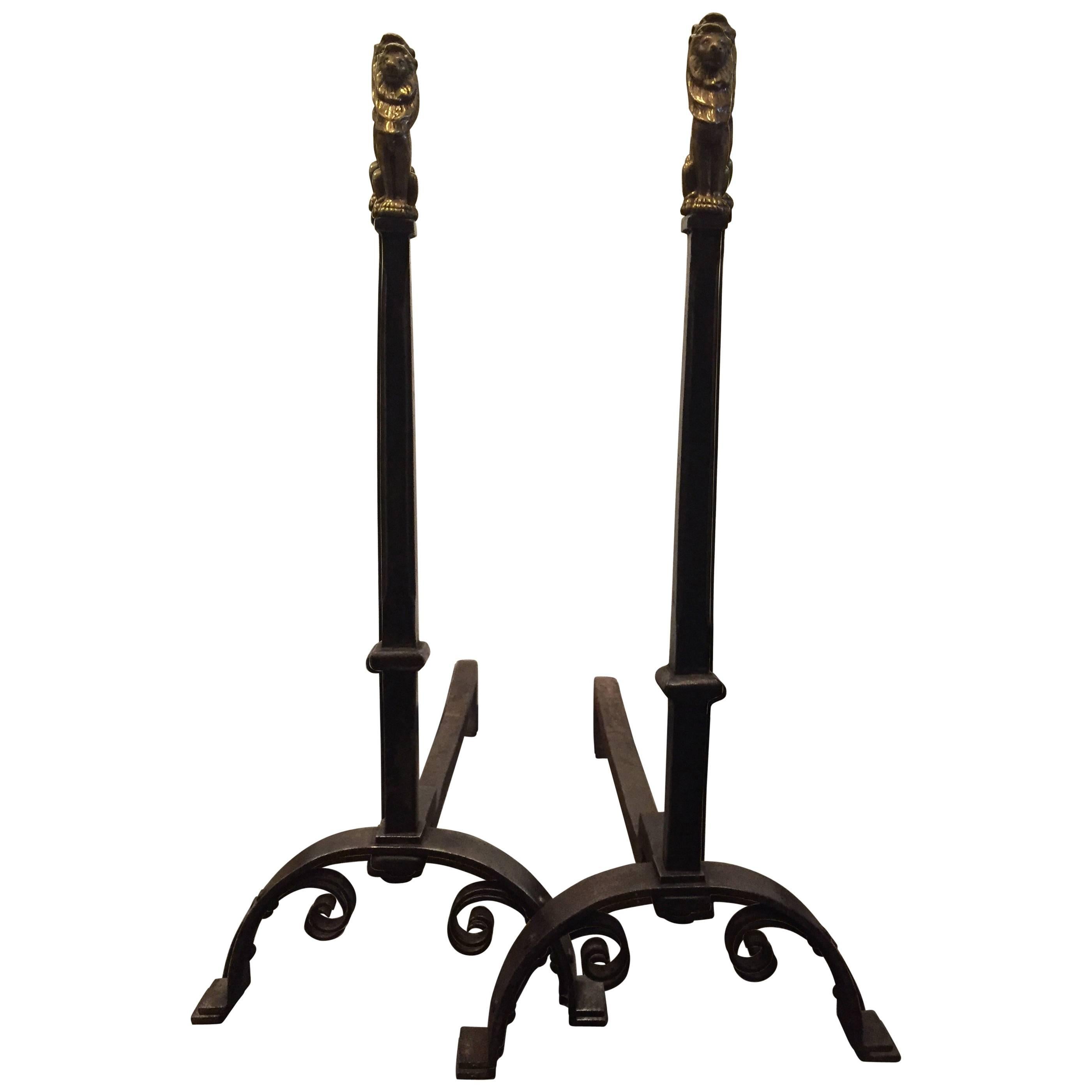 Andirons with Lion Details For Sale