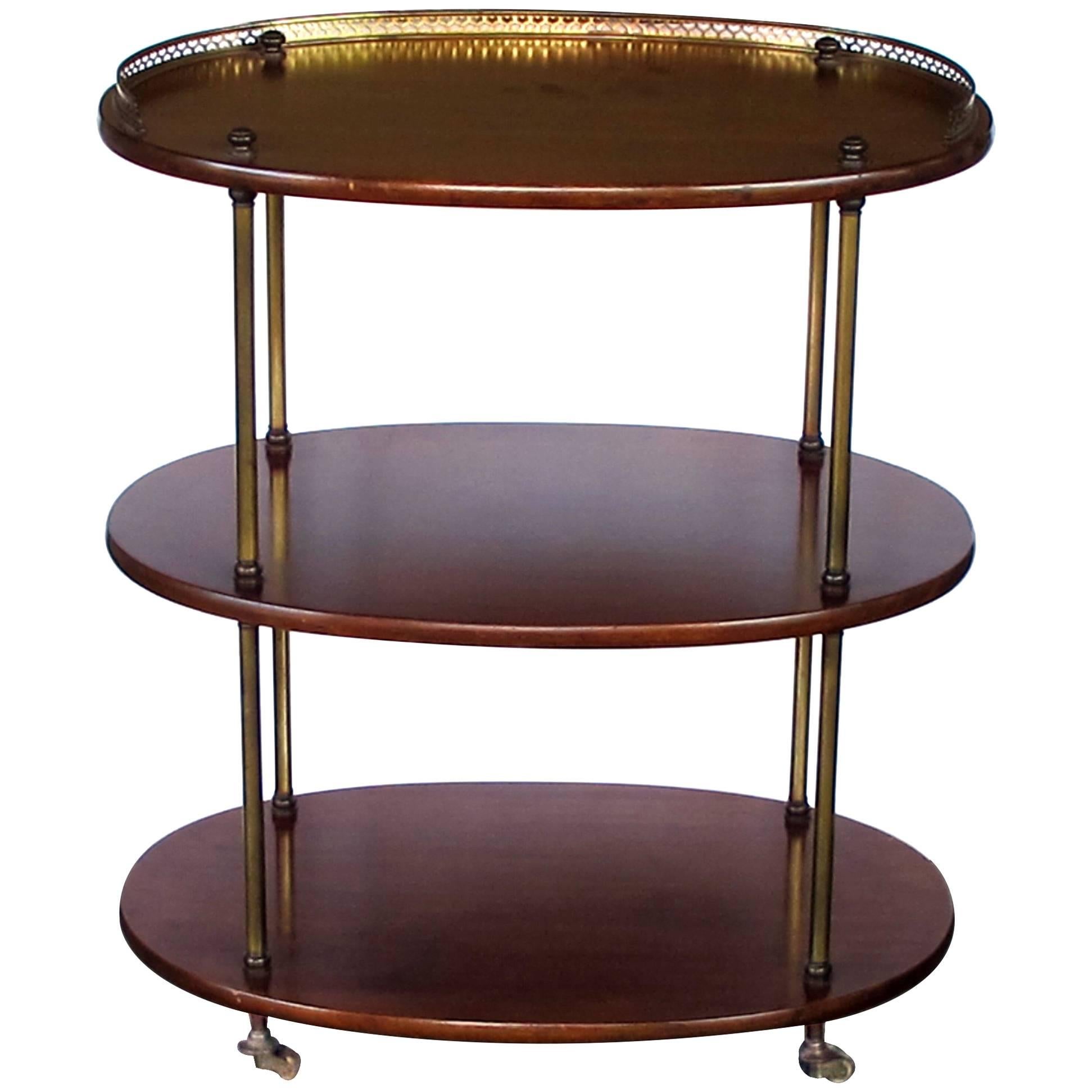 Handsome English Edwardian Three-Tier Mahogany Oval Etagere with Brass Mounts