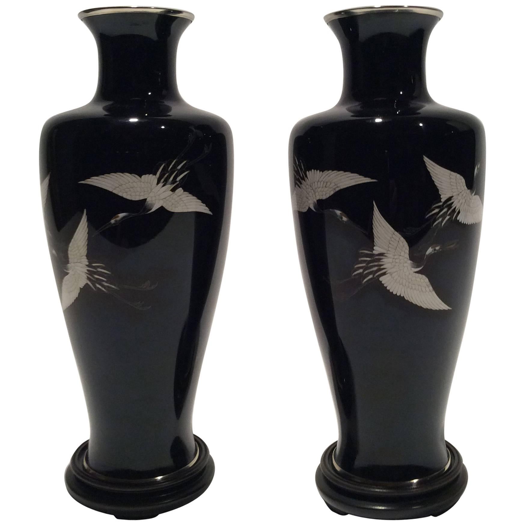 Pair of 20th Century Japanese Cloisonné Vases Flying Crane For Sale