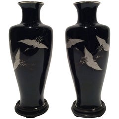 Pair of 20th Century Japanese Cloisonné Vases Flying Crane