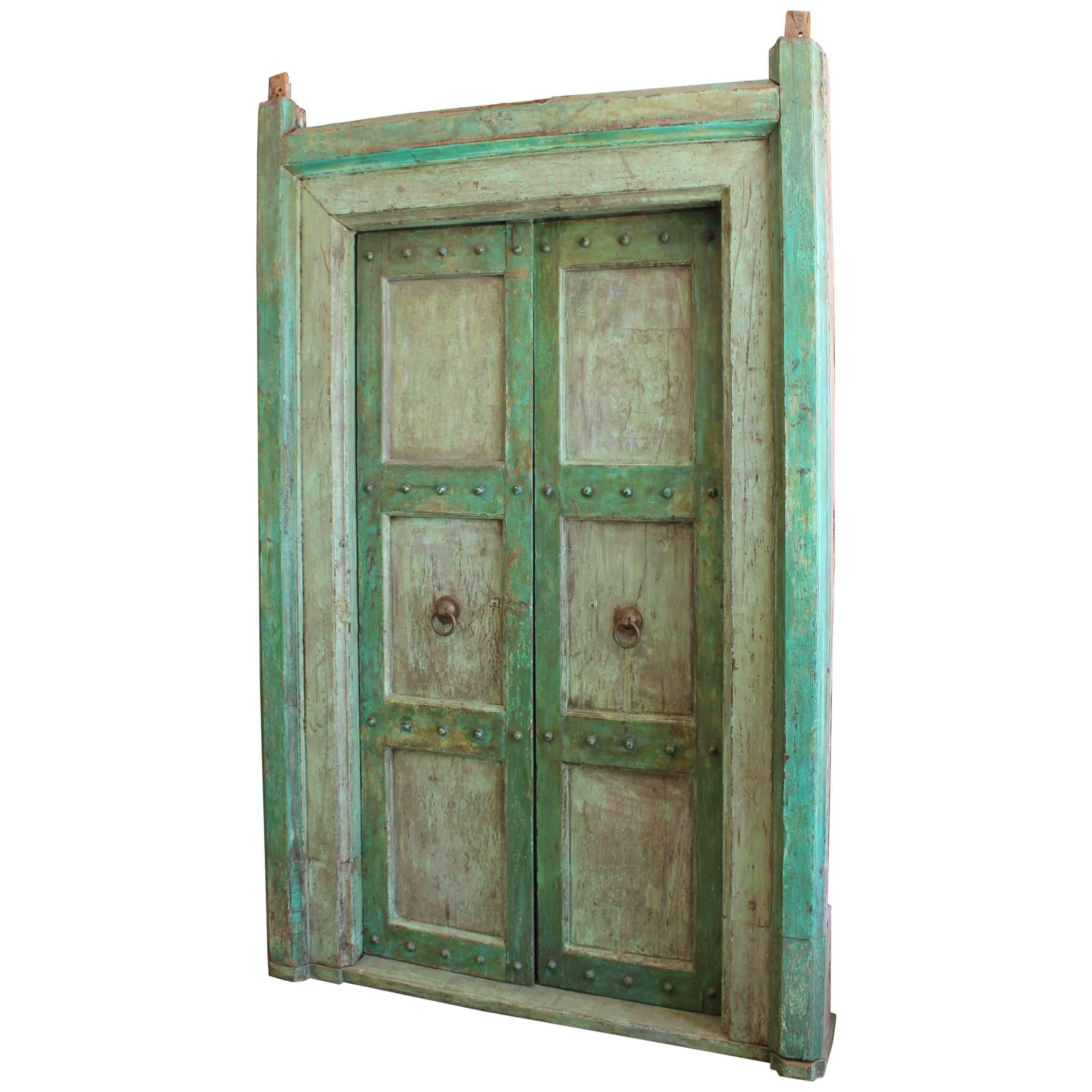 Indian Neoclassical Pale Green Painted Doors and Door Surround For Sale