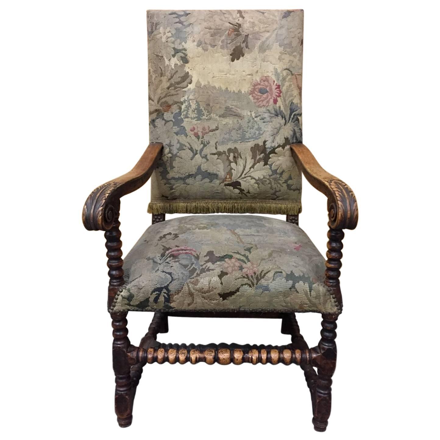 Louis XIII Style Walnut Armchair with Tapestry Upholstery