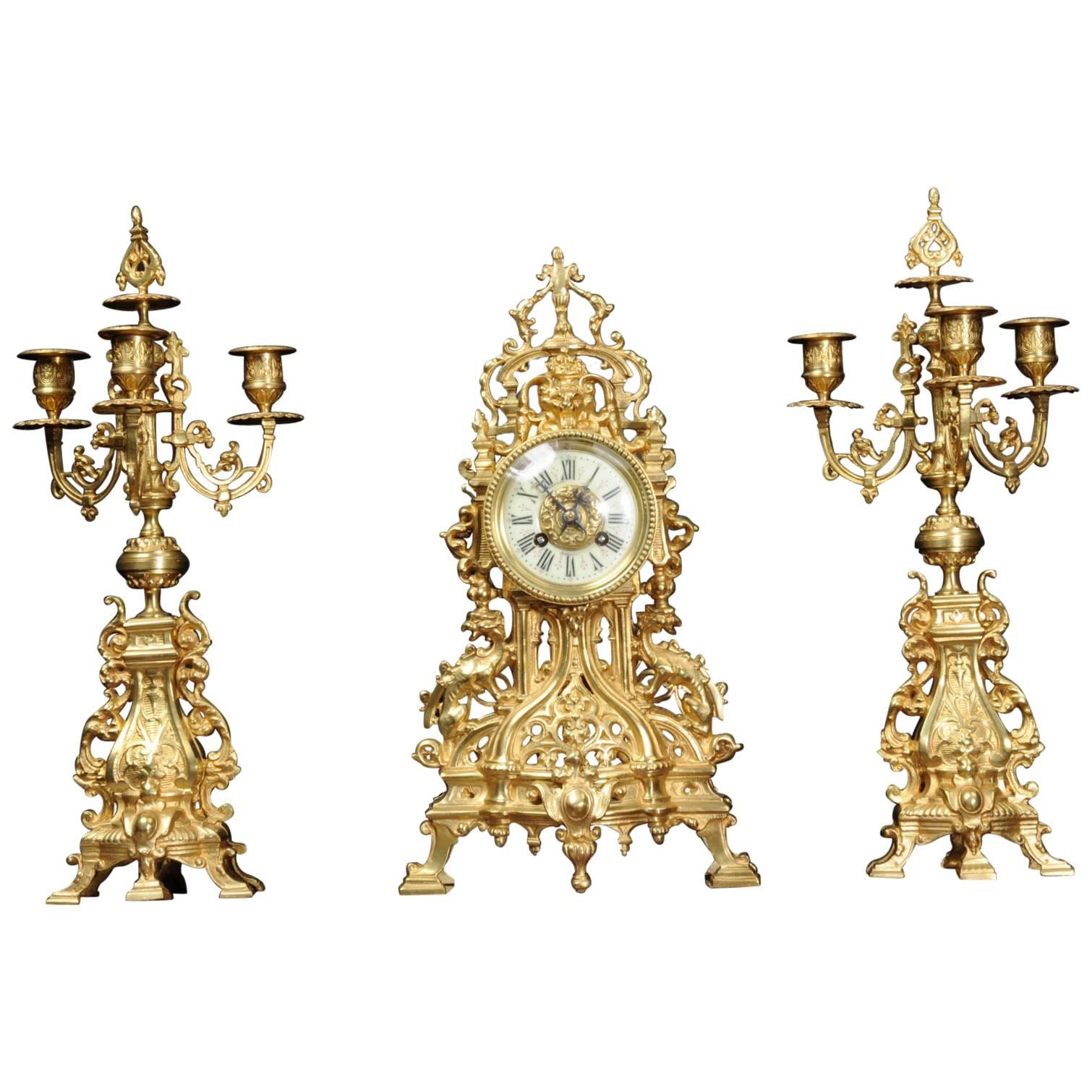 Antique French Gilt Bronze Gothic Clock Set