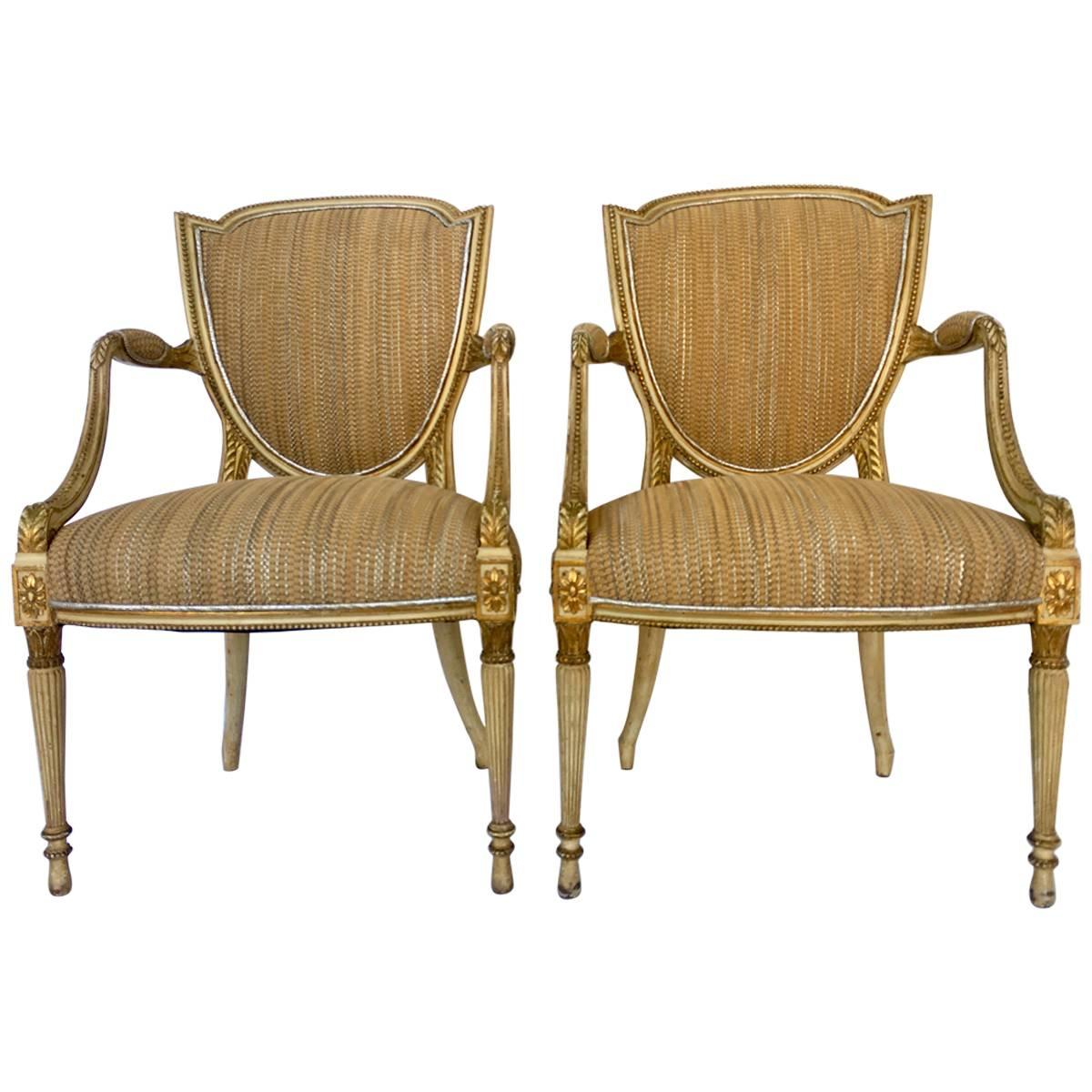 18th Century Pair Of Fine French Louis XVI Shield Gilt Wood & Leather Armchairs