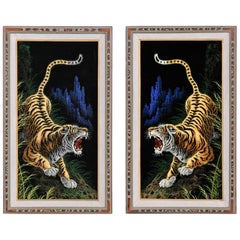 Pair of Bookmatched Roaring Velvet Tiger Framed Paintings, circa 1970s
