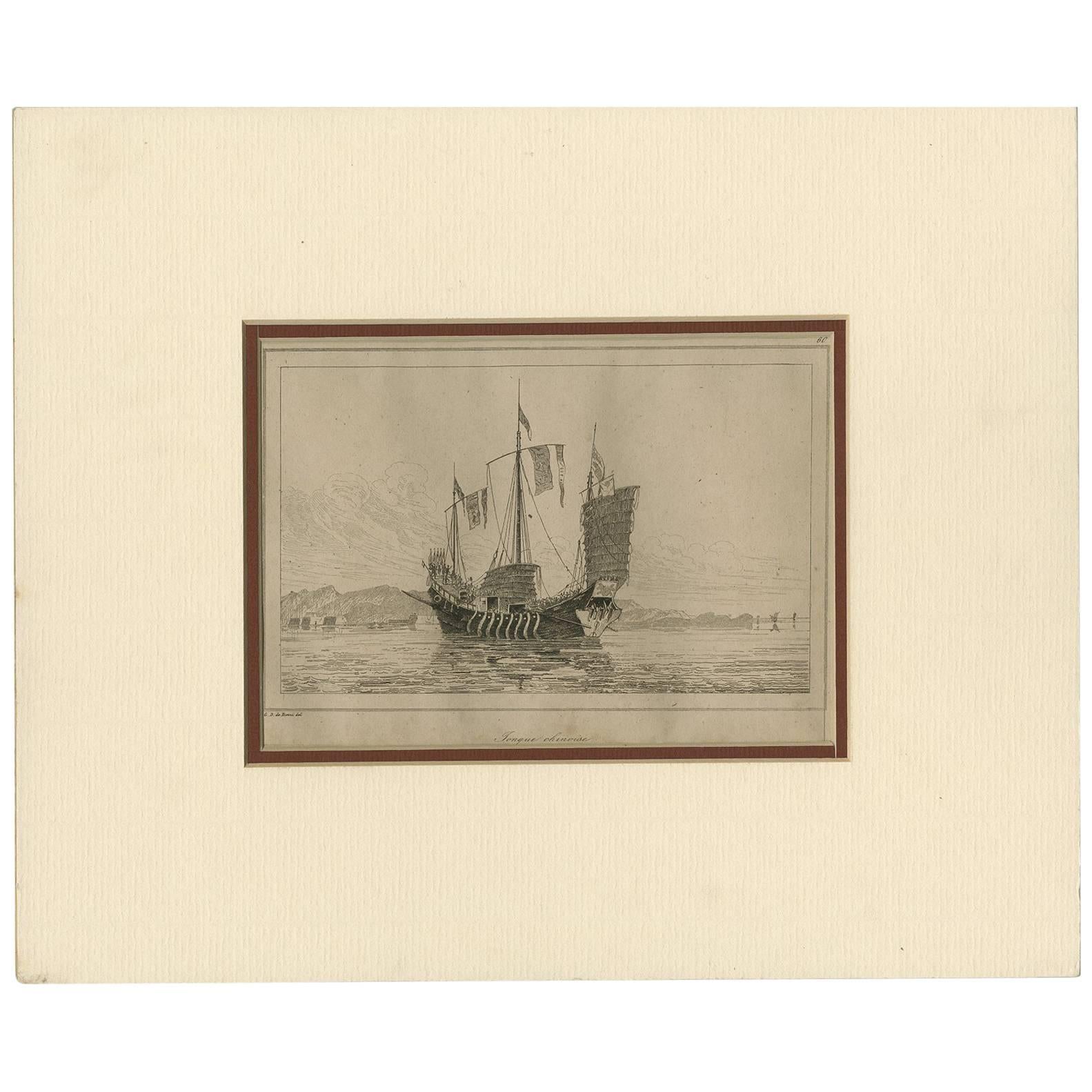 Antique Print of a Chinese Sailing Ship, 1840 For Sale