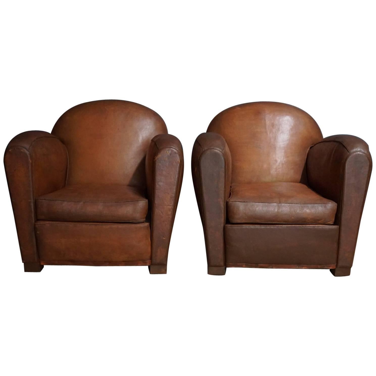 Vintage French Cognac Leather Club Chairs, Set of Two