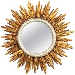 1940s French Baroque Style Silver and Gold Leaf Giltwood Large Sunburst Mirror