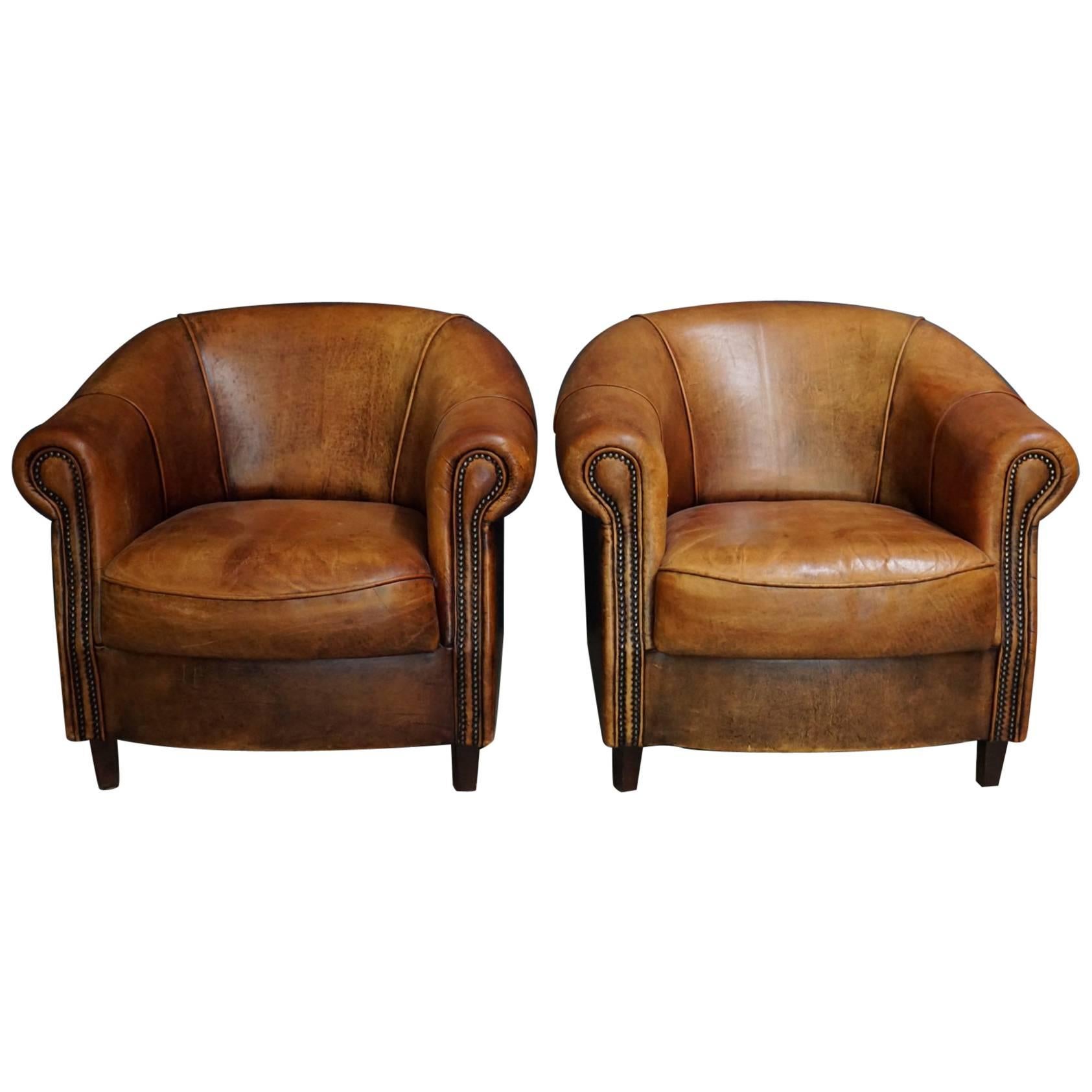 Vintage Dutch Cognac Leather Club Chairs, Set of Two