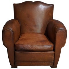 French Cognac Moustache Back Leather Club Chair, 1940s