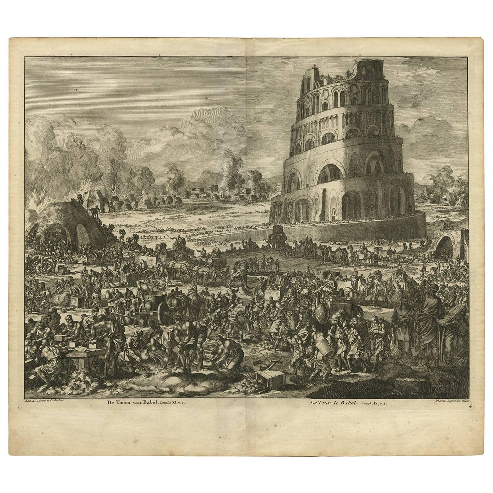Antique Bible Print of The Tower of Babel, 1743 For Sale