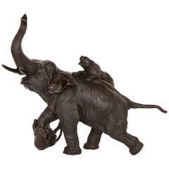 Japanese Meiji Period Patinated Bronze Group of Tigers Attacking an Elephant