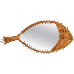 Unique 1950s Handcrafted French Riviera Fish Figure Rattan Mirror