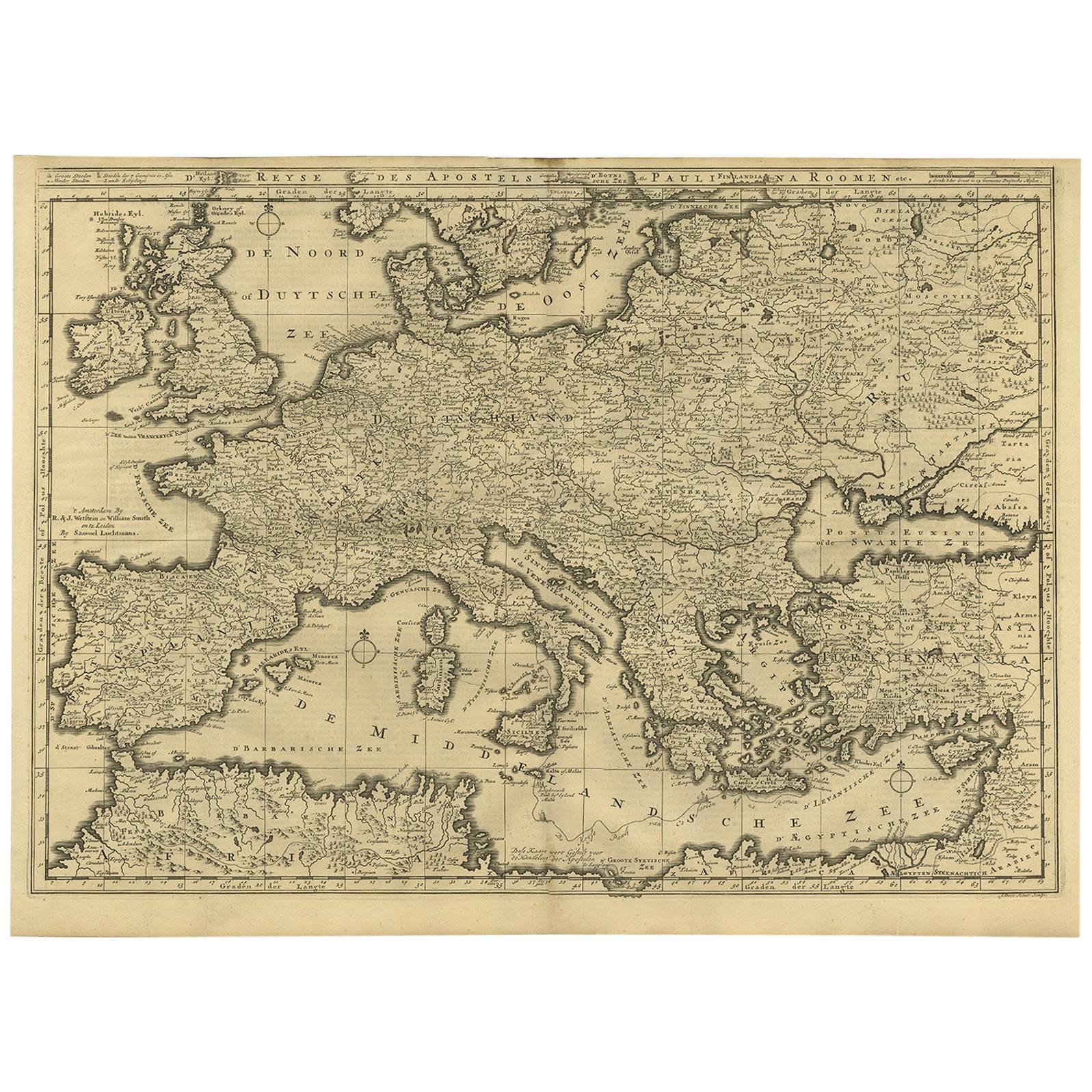 Seltene antike Bibelkarte von Südeuropa von A. Schut, 1743 im Angebot