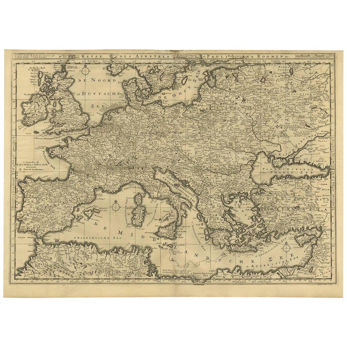 Rare Antique Bible Map of Southern Europe by A. Schut, 1743